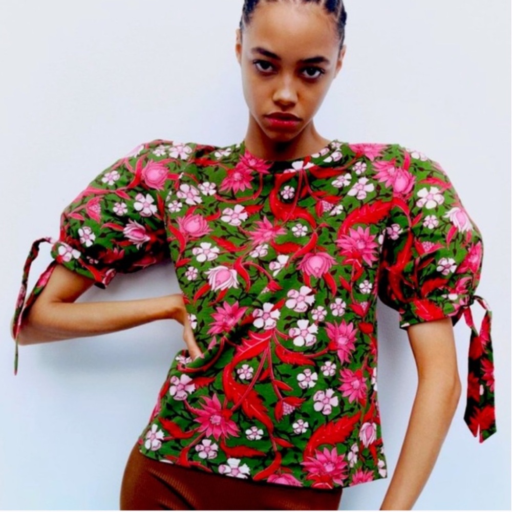 Zara Mixed Media Floral Tied Puffy Sleeve Top